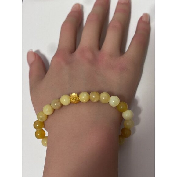 24K Gold Money Bag Stretchable Bracelet Gemstones Natural Yellow Opal 8mm S6.5" - Picture 5 of 5